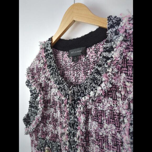 [SOLD] ST JOHN Women's Sz US 8 L Pink Tweed Sleeveless Vest Boucle Houndstooth - Picture 4 of 10